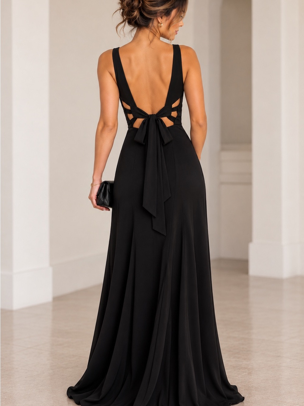 NWT VOW’D Black V-Neck Cutout Tie-Back Formal Maxi Dress Size 6